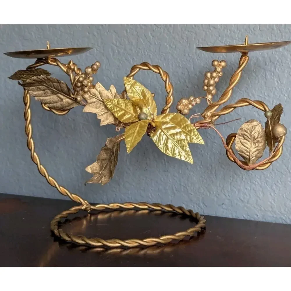 Vtg Hollywood Regency Gold Tole Metal Floral Candle Holder Centerpiece Mantel